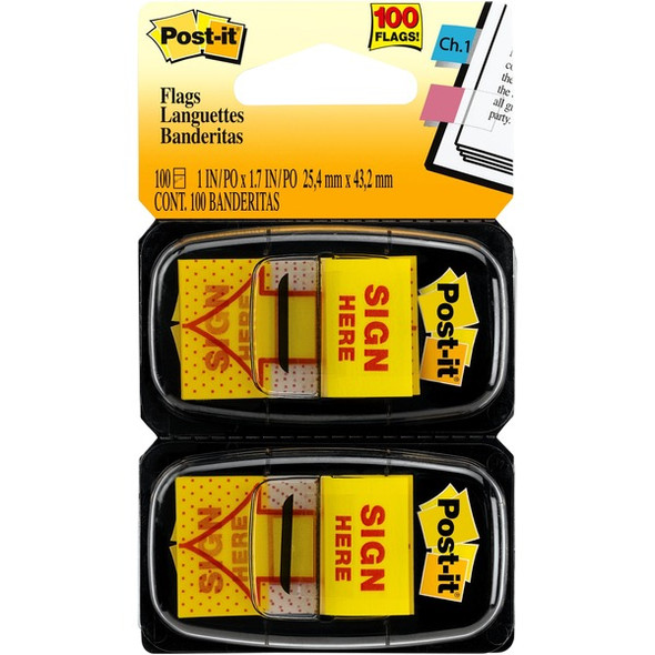Post-it&reg; Message Flags - 100 x Yellow - 1" x 1.75" - Arrow, Rectangle - Unruled - "SIGN HERE" - Yellow - Removable, Self-adhesive - 100 / Pack