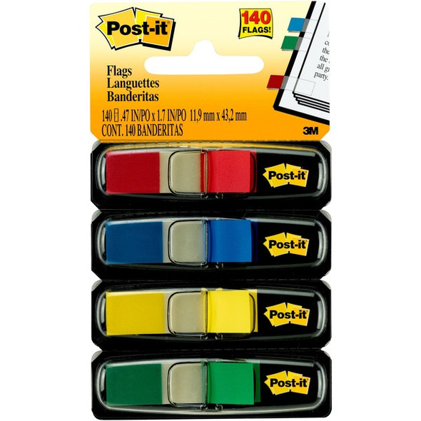 Post-it&reg; Flags - 35 x Blue, 35 x Green, 35 x Red, 35 x Yellow - 0.50" x 1.75" - Rectangle - Unruled - Red, Blue, Green, Yellow, Assorted - Removable, Self-adhesive - 140 / Pack
