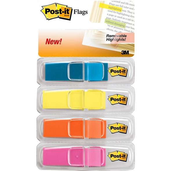 Post-it&reg; Flags - 0.50" x 1.75" - Rectangle - Unruled - Blue, Pink, Yellow, Orange - Removable, Self-adhesive, Residue-free, Repositionable - 4 / Pack