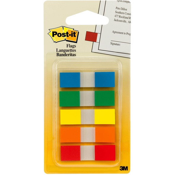 Post-it&reg; Flags in Portable Dispenser - 20 x Blue, 20 x Green, 20 x Orange, 20 x Red, 20 x Yellow - 0.50" x 1.75" - Rectangle - Unruled - Blue, Red, Orange, Green, Yellow, Assorted - Removable, Self-adhesive - 100 / Pack