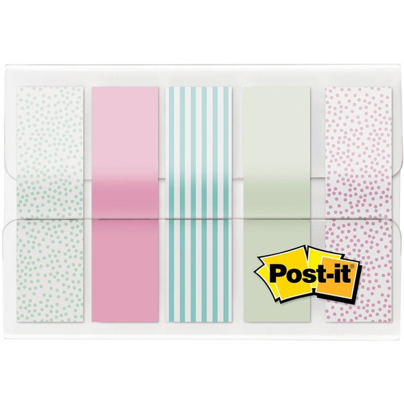 Post-it&reg; Printed Flags - 100 x Assorted Pastel - 0.50" x 1.75" - 20 Sheets per Pad - Green, Pink, Blue - Self-adhesive, Sticky, Removable, Writable - 100 / Pack