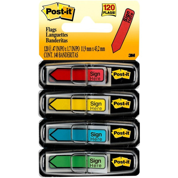 Post-it&reg; Message Flags - 30 x Yellow, 30 x Blue, 30 x Red, 30 x Green - 0.50" x 1.75" - Rectangle, Arrow - Unruled - "SIGN HERE" - Blue, Red, Green, Yellow, Assorted - Removable, Self-adhesive - 120 / Pack