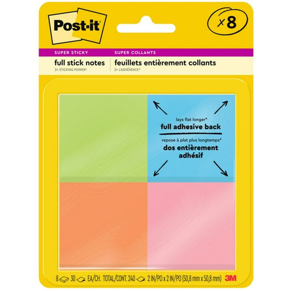 Post-it&reg; Super Sticky Full Adhesive Notes - Energy Boost Color Collection - 240 - 2" x 2" - Square - 30 Sheets per Pad - Unruled - Green, Blue, Orange, Pink - Paper - Self-adhesive, Removable - 8 / Pack