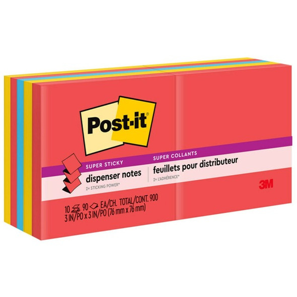 Post-it&reg; Super Sticky Dispenser Notes - Playful Primaries Color Collection - 900 - 3" x 3" - Square - 90 Sheets per Pad - Unruled - Candy Apple Red, Blue Paradise, Sunnyside - Paper - Self-adhesive, Repositionable - 10 / Pack