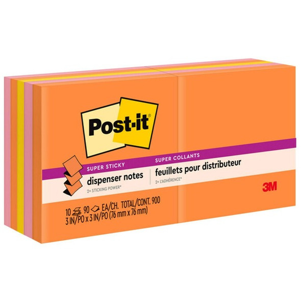 Post-it&reg; Super Sticky Dispenser Notes - Energy Boost Color Collection - 900 - 3" x 3" - Square - 90 Sheets per Pad - Unruled - Vital Orange, Tropical Pink, Sunnyside - Paper - Self-adhesive, Repositionable - 10 / Pack