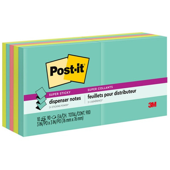 Post-it&reg; Super Sticky Dispenser Notes - Supernova Neons Color Collection - 900 x Multicolor - 3" x 3" - Rectangle - 90 Sheets per Pad - Aqua Splash, Acid Lime, Guava - Paper - Self-adhesive, Removable, Recyclable - 10 / Pack