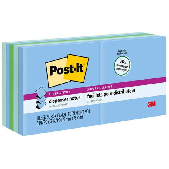 Post-it&reg; Super Sticky Adhesive Notes - Oasis Color Collection - 900 x Assorted - 3" x 3" - Square - 90 Sheets per Pad - Washed Denim, Fresh Mint, Lucky Green - Paper - 10 / Pack - Recycled