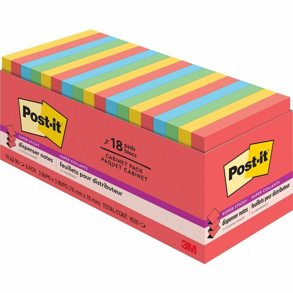 Post-it&reg; Super Sticky Dispenser Notes - Playful Primaries Color Collection - 3" x 3" - Square - Candy Apple Red, Blue Paradise, Sunnyside, Lucky Green - Paper - Pop-up, Recyclable - 18 / Pack