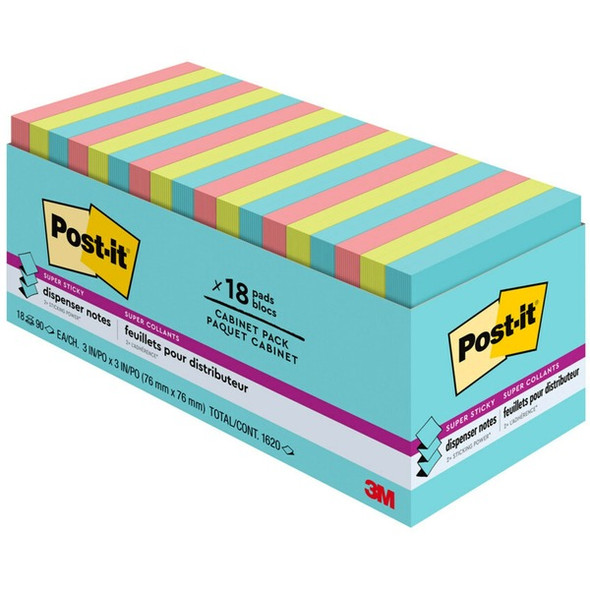 Post-it&reg; Super Sticky Dispenser Notes - Supernova Neons Color Collection - 3" x 3" - Square - 90 Sheets per Pad - Aqua Splash, Acid Lime, Guava - Paper - Super Sticky, Adhesive, Recyclable, Pop-up, Residue-free - 18 / Pad