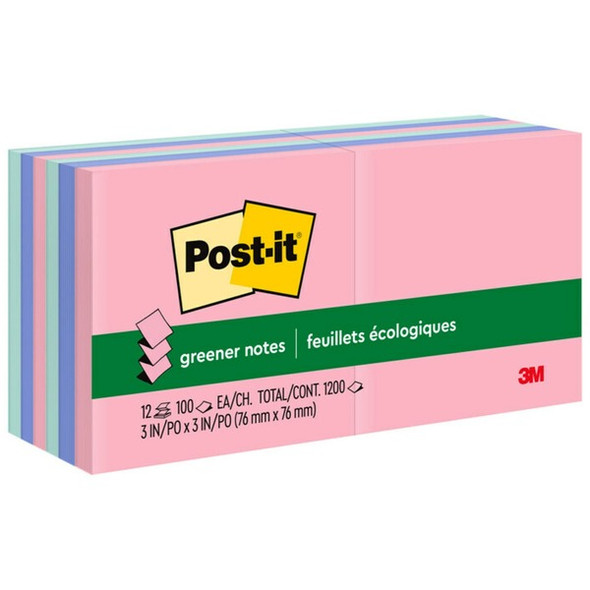 Post-it&reg; Greener Dispenser Notes - Sweet Sprinkles Color Collection - 1200 - 3" x 3" - Square - 100 Sheets per Pad - Unruled - Positively Pink, Fresh Mint, Moonstone - Paper - Repositionable, Pop-up - 12 / Pack - Recycled