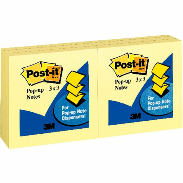 Post-it&reg; Pop-up Notes - 3" x 3" - Square - 100 Sheets per Pad - Unruled - Canary Yellow - Paper - Self-adhesive, Repositionable - 12 / Pack