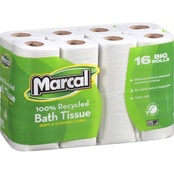 Marcal 100% Recycled Soft/Strong Bath Tissue - 2 Ply - 4.20" x 3.60" - 168 Sheets/Roll - White - Hypoallergenic, Septic Safe, Strong, Soft - For Bathroom - 16 Rolls Per Pack - 1 Each