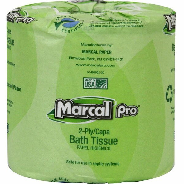 Marcal Pro 100% Recycled Bathroom Tissue - 2 Ply - 4" x 4" - 240 Sheets/Roll - White - Lint-free, Dye-free, Bleach-free, Fragrance-free, Strong, Absorbent, Septic Safe, Eco-friendly, Chlorine-free - For Bathroom, Skin - 48 / Carton