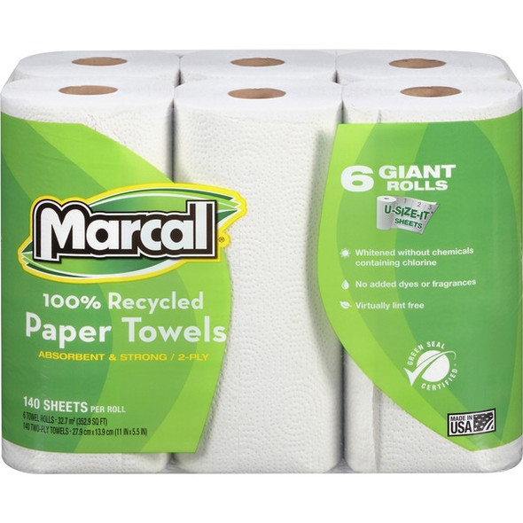 Marcal 100% Recycled Giant Roll Paper Towels - 2 Ply - 140 Sheets/Roll - White - Perforated, Dye-free, Fragrance-free, Strong, Lint-free, Absorbent - 6 Rolls Per Container - 6 / Pack