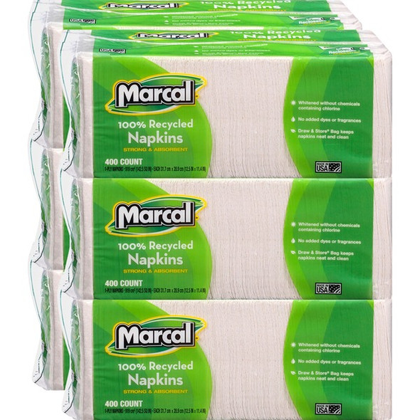 Marcal 100% Recycled Luncheon Napkins - 1 Ply - 12.50" x 11.40" - White - Paper - Hypoallergenic, Dye-free, Fragrance-free, Strong, Absorbent - For Food Service, Office Building, Lunch - 400 Per Pack - 6 / Carton