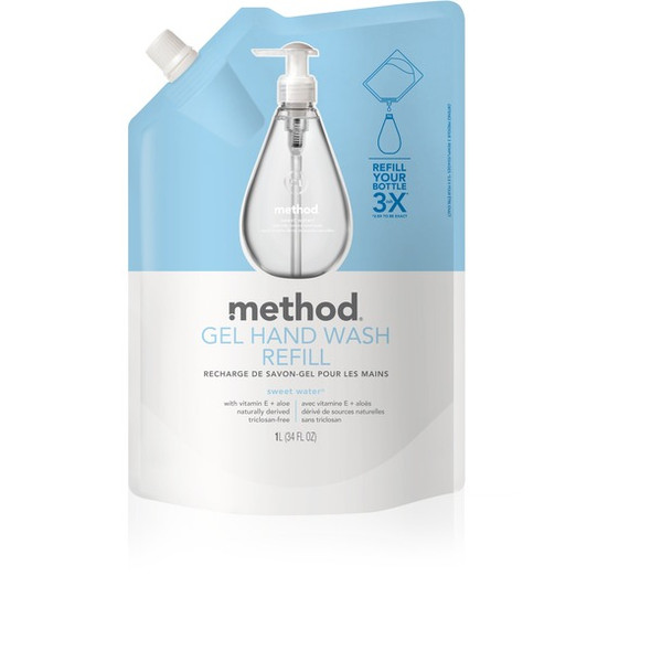 Method Gel Hand Soap Refill - Sweet Water ScentFor - 34 fl oz (1005.5 mL) - Squeeze Bottle Dispenser - Hand - Clear - Triclosan-free - 6 / Carton