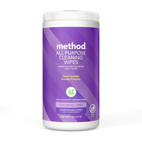 Method All-purpose Cleaning Wipes - French Lavender Scent - 70 / Tub - 1 Each - Purple