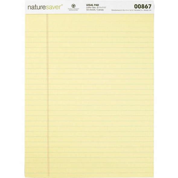Nature Saver 100% Recycled Canary Legal Ruled Pads - 50 Sheets - 0.34" Ruled - 15 lb Basis Weight - 8 1/2" x 11 3/4" - Canary Paper - Perforated, Stiff-back, Back Board, Easy Tear - Recycled - 1 Dozen