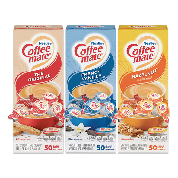 Liquid Coffee Creamer, French Vanilla/Hazelnut/Original, 0.38 oz Mini Cups, 150 Cups/Carton