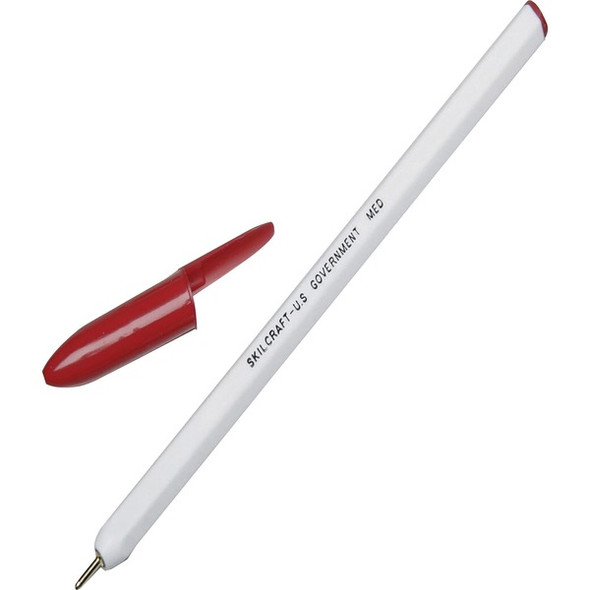 AbilityOne  SKILCRAFT Stick Pen - Red Ink - White Barrel - 12 / Dozen