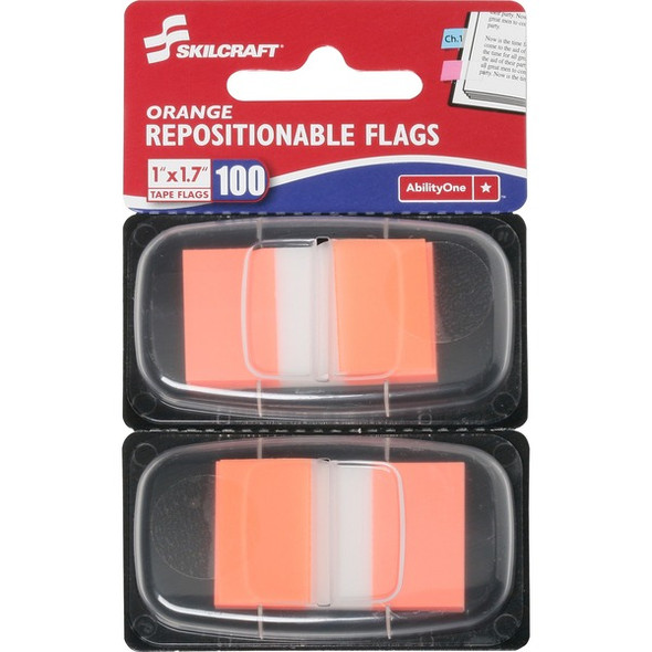 AbilityOne  SKILCRAFT Repositionable Self-stick Flags - 1" x 1.75" - Rectangle - Orange - Repositionable, Self-adhesive, Removable - 100 / Pack - Recycled