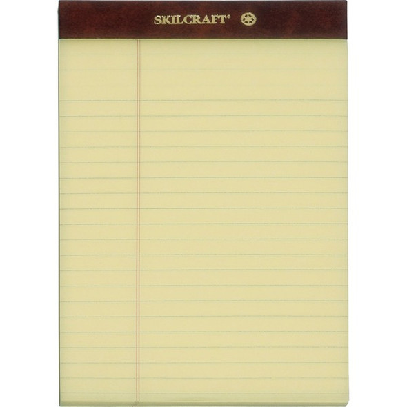 AbilityOne  SKILCRAFT Writing Pad - 50 Sheets - 0.31" Ruled - Ruled Margin - 16 lb Basis Weight - Jr.Legal - 5" x 8" - Canary Paper - Perforated, Back Board, Leatherette Head Strip - Recycled - 1 Dozen