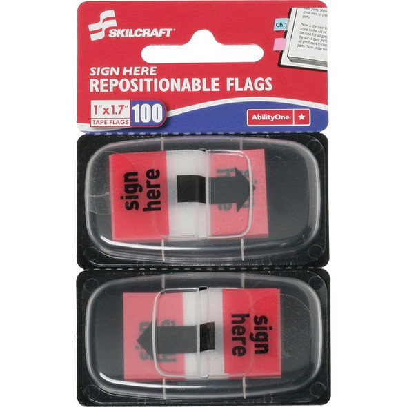 AbilityOne  SKILCRAFT Red Sign Here Self-stick Flags - 1" x 1.75" - Rectangle - "SIGN HERE" - Yellow - Self-adhesive, Repositionable, Reusable, Removable - 100 / Pack