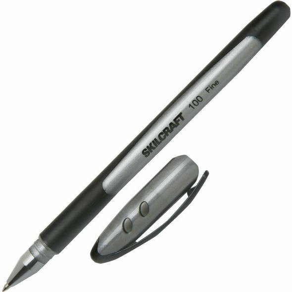 AbilityOne  SKILCRAFT 100 Ballpoint Stick Pen - Fine Pen Point - 0.7 mm Pen Point Size - Black - Metallic Black Barrel - 1 Dozen