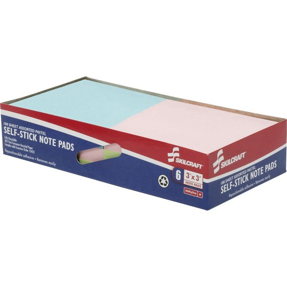 AbilityOne  SKILCRAFT Self-Stick Pastel Note Pad - Self-adhesive - 3" x 3" - Blue, Green, Pink, Yellow - Paper - 6 / Pack