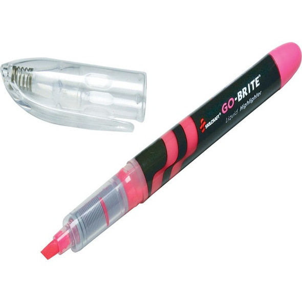 AbilityOne  SKILCRAFT go-brite Liquid Highlighter - Fluorescent Pink Liquid, Water Based Ink - Clear Barrel - 6 / Box