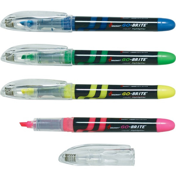 AbilityOne  SKILCRAFT Free-Ink Fluorescent Highlighter - Green, Pink, Yellow, Blue Water Based Ink - 4 / Set