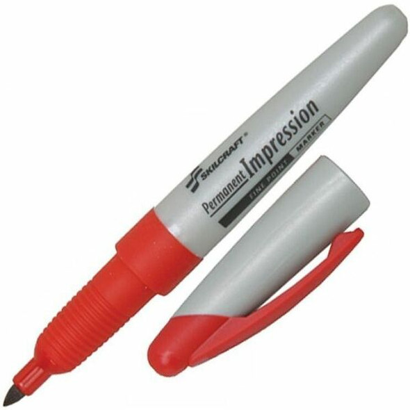 SKILCRAFT Permanent Impression Fine Tip Marker - Fine Marker Point - Red - 1 Dozen