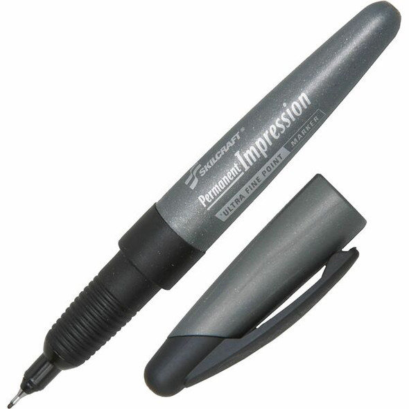 SKILCRAFT Permanent Impression Ultra Fine Tip Marker - Ultra Fine Marker Point - Black - 1 Dozen