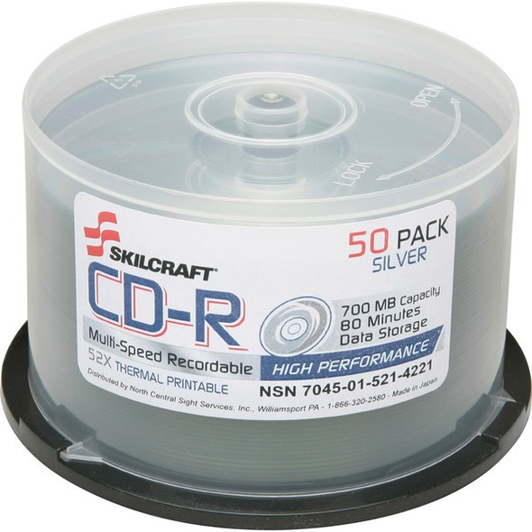 AbilityOne  SKILCRAFT CD Recordable Media - CD-R - 52x - 700 MB - 1 Pack Spindle - 120mm - Printable - Thermal Printable - 1.33 Hour Maximum Recording Time