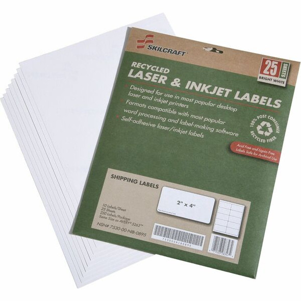 SKILCRAFT 7530-01-578-9293 Shipping Label - 2" Width x 4" Length - Rectangle - Laser, Inkjet - White - 10 / Sheet - 250 / Pack - Chlorine-free, Lignin-free, Self-adhesive