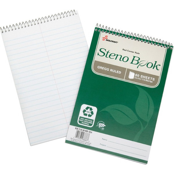 SKILCRAFT 17 lb. Recycled Paper Steno Book - 60 Sheets - Wire Bound - Ruled Red Margin - 17 lb Basis Weight - 6" x 9" - White Paper - Acid-free, Archival, Chlorine-free - Recycled - 6 / Pack