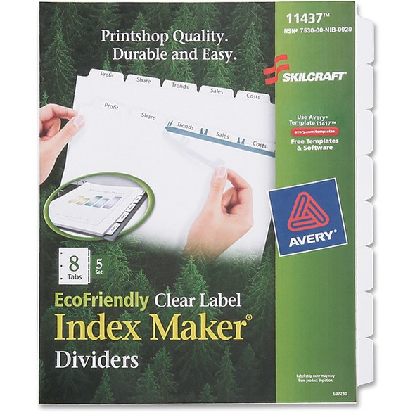 AbilityOne  SKILCRAFT 8-Tab Clear Label Index Maker Dividers - 8 Print-on Tab(s) - 8.5" Divider Width x 11" Divider Length - Letter - White Divider - Recycled - 1 / Set