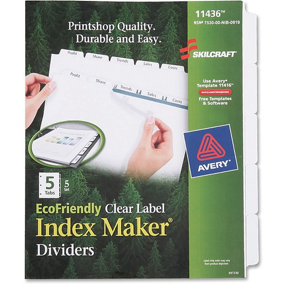 AbilityOne  SKILCRAFT 5-tab Index Maker Dividers - 5 Print-on Tab(s) - 8.5" Divider Width x 11" Divider Length - Letter - White Divider - Recycled - 5 / Set