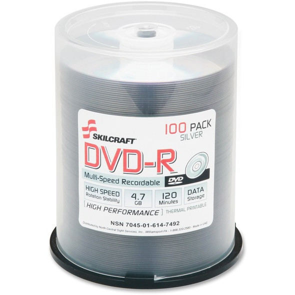 AbilityOne  SKILCRAFT DVD Recordable Media - DVD-R - 4.70 GB - 100 Pack Spindle - 120mm - Printable - Thermal Printable - 2 Hour Maximum Recording Time