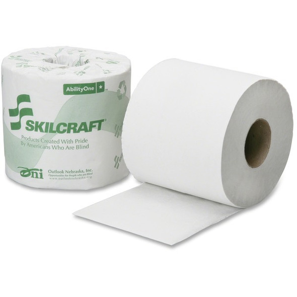 SKILCRAFT 1-Ply PCF Individual Toilet Tissue Rolls - 1 Ply - 4" x 3.75" - 1000 Sheets/Roll - White - Chlorine-free, Individually Wrapped, Embossed, Perforated, Eco-friendly, Septic Safe, Dye-free, Fragrance-free - 96 / Carton