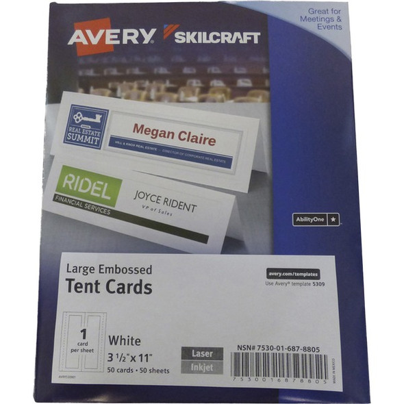 AbilityOne  SKILCRAFT Avery 2-sided Tent Cards - 3 1/2" x 11" - 50 Card - Embossed, Double-sided, Pre-printed - White
