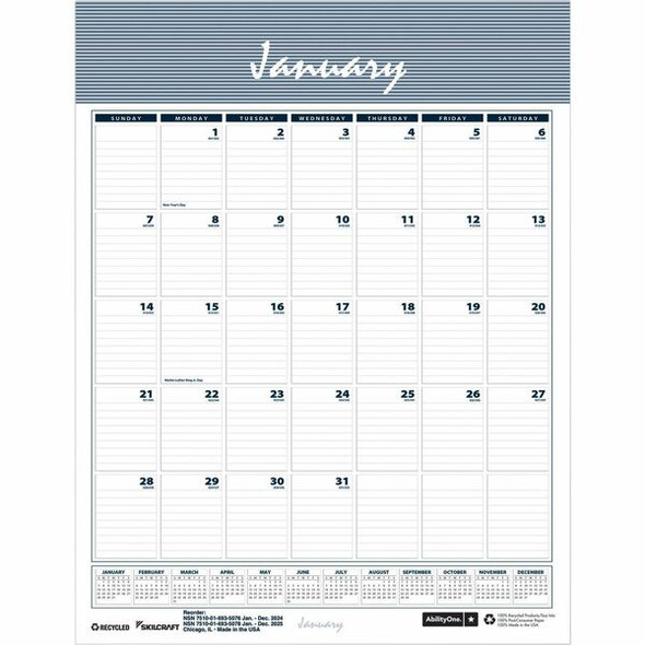 AbilityOne  SKILCRAFT Monthly Wall Calendar - Monthly - 12 Month - January - December - 1 Month Single Page Layout - Multi - 11" Height x 8.5" Width - 1 Each