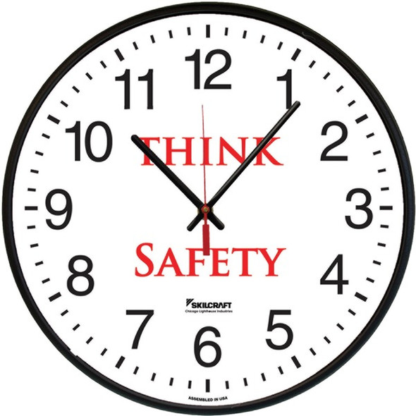 AbilityOne  SKILCRAFT Think Safety Message Wall Clock - Analog - Quartz - Plastic Case - TAA Compliant