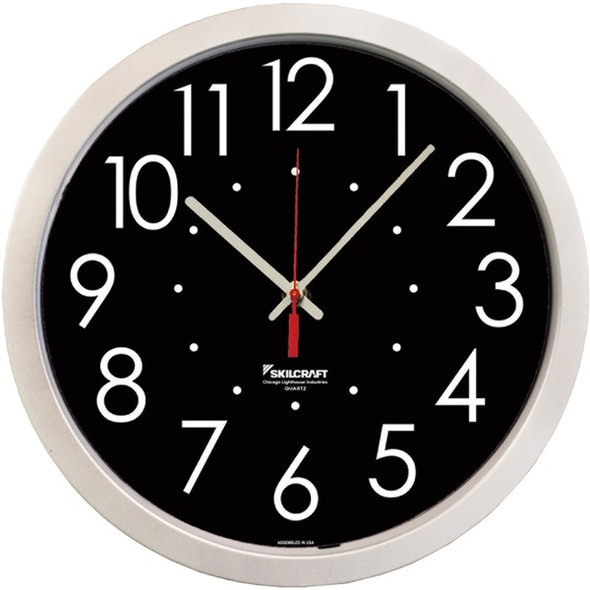 SKILCRAFT High Contrast Quartz Wall Clock - Analog - Quartz - Black Main Dial - Plastic Case - TAA Compliant