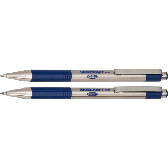 SKILCRAFT Retractable Gel Pens - Medium Pen Point - 0.7 mm Pen Point Size - Refillable - Retractable - Blue Gel-based Ink - Stainless Steel Barrel - 2 / Pack - TAA Compliant