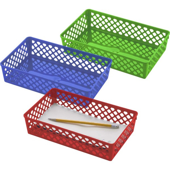Officemate Achieva&reg; Large Supply Basket, Assorted Colors, 3/PK - 2.4" Height x 10.6" Width x 6.1" Depth - Compact, Stackable, Storage Space, Sturdy, Heavy Duty - Blue, Green, Red - Plastic - 3 / Pack