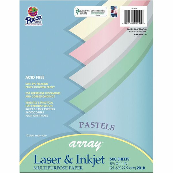Pacon Pastel Multipurpose Paper - Pastel - Letter - 8 1/2" x 11" - 20 lb Basis Weight - 500 / Ream - Sustainable Forestry Initiative (SFI) - Pastel Lilac, Pastel Gray, Pastel Ivory, Pastel Sky Blue, Pastel Watermelon