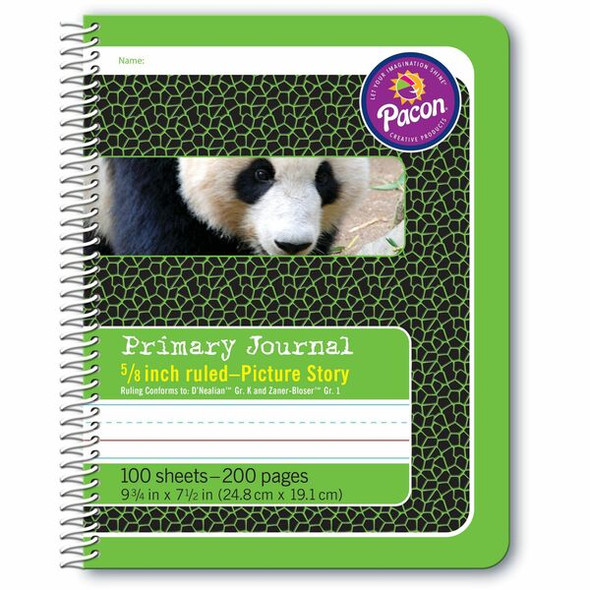 Pacon Composition Book - 100 Sheets - 200 Pages - Spiral Bound - Short Way Ruled - 0.63" Ruled - 4.50" Picture Story Space - 7 1/2" x 9 3/4" - Green Cover - Recycled - 1 Each