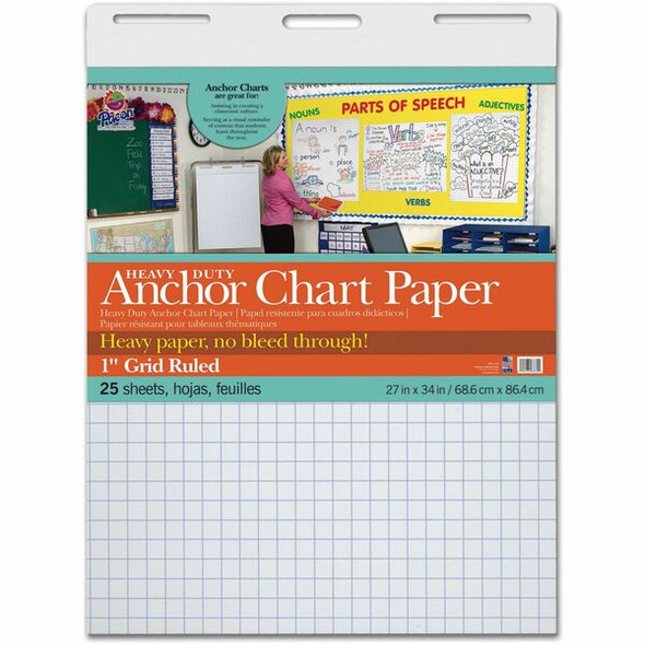 Pacon Heavy Duty Anchor Chart Paper - 25 Sheets - Grid Ruled - 1" Ruled - 1 Horizontal Squares - 1 Vertical Squares - 27" x 34" - White Paper - 4 / Carton