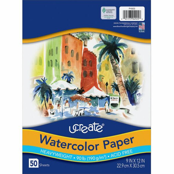 UCreate Watercolor Paper - 9" x 12" - 90 lb Basis Weight - Vellum - 50 / Pack - Sustainable Forestry Initiative (SFI) - Acid-free - White